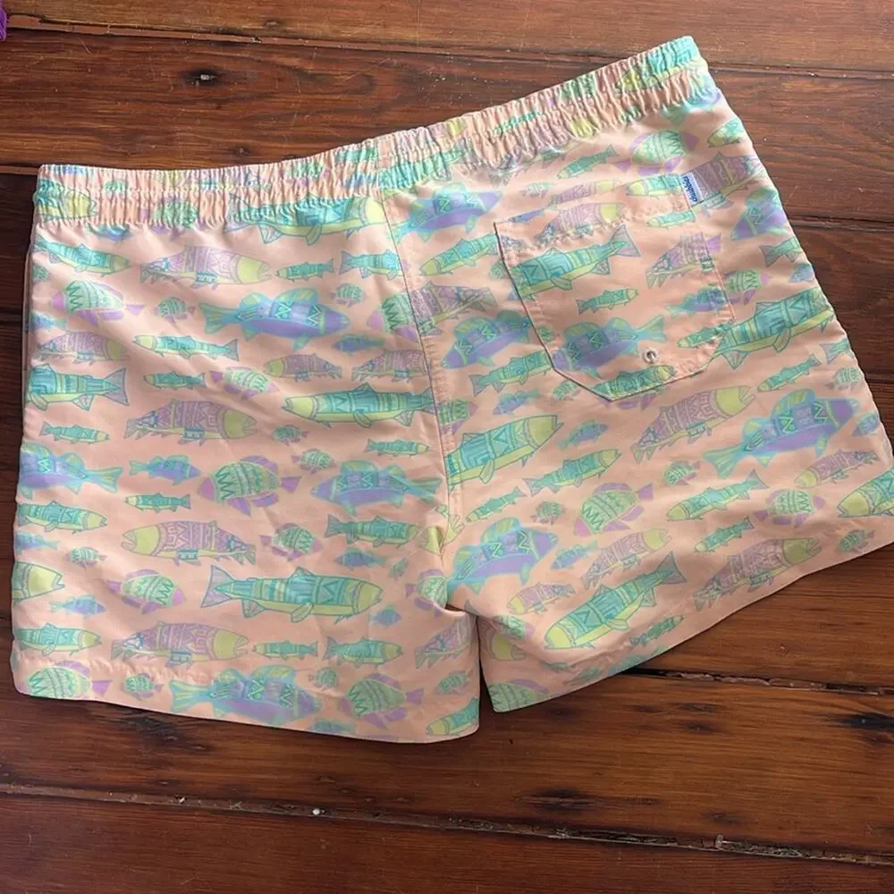 Chubbies fish print lined pull on elastic waist drawstring swim trunks sz L